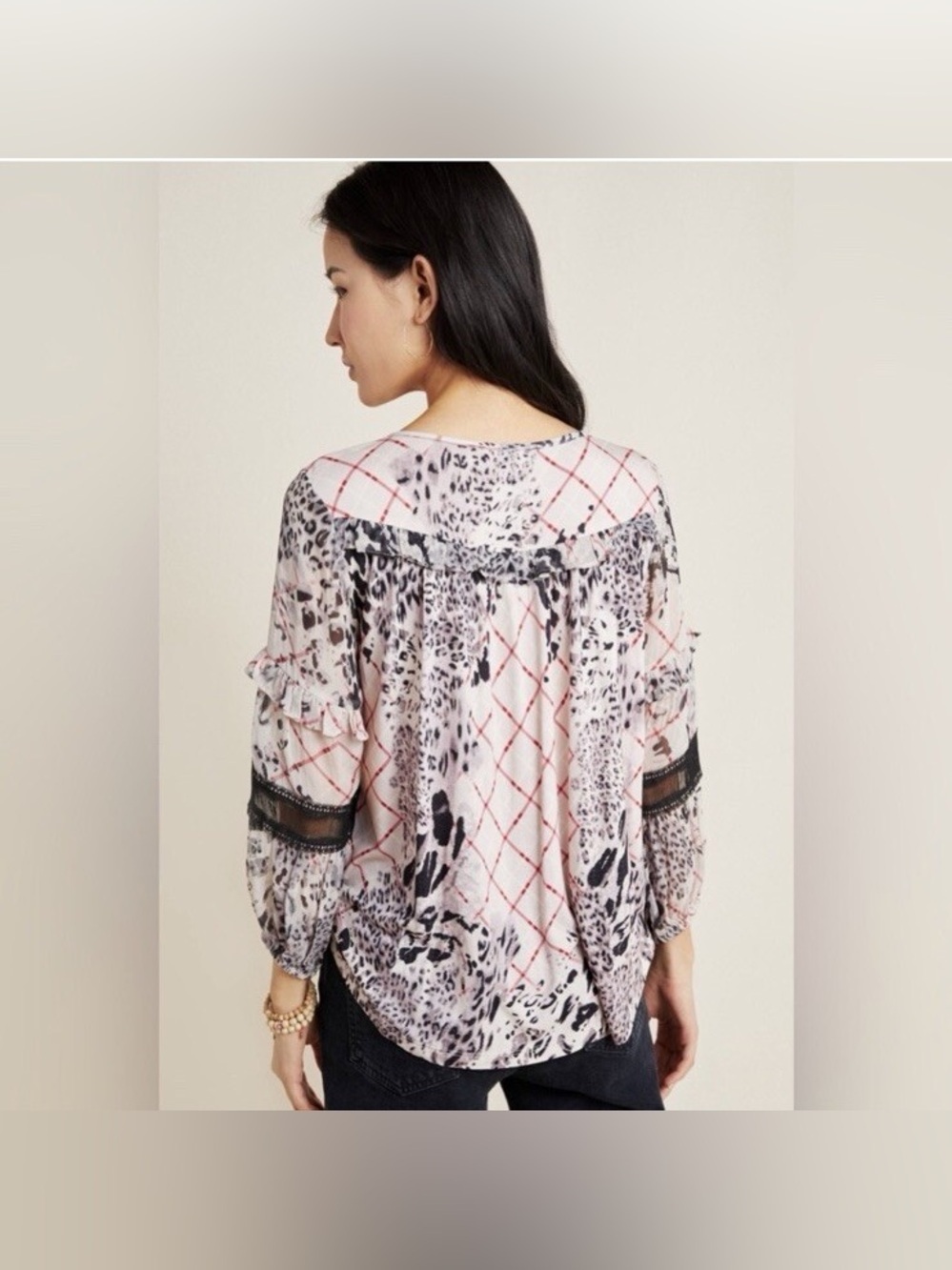 Anthropologie White Mixed-Print Embroidered Peasant Blouse - Picture 4 of 13